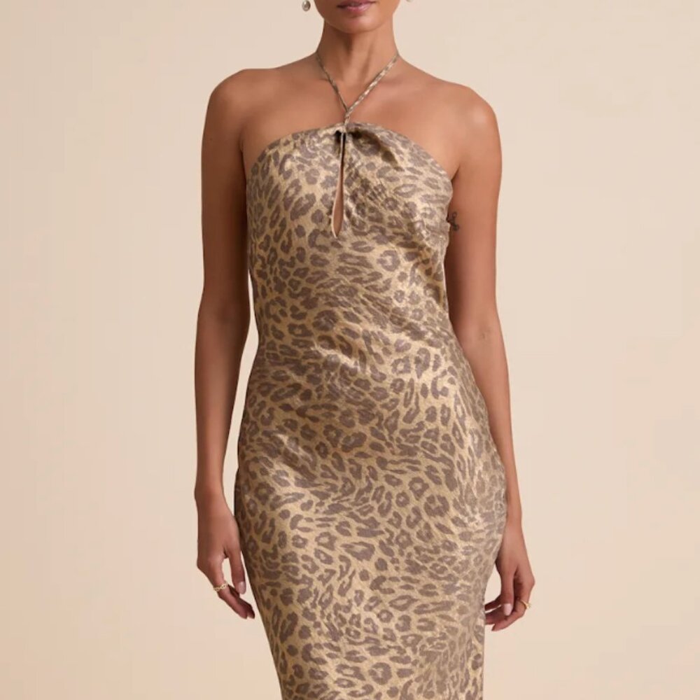 Lulu's Axelle Gold Leopard Print Satin Cutout Halter Maxi Dress